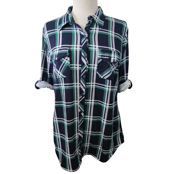 Eden & Olivia Long Sleeve Rollable Sleeve Button Front Plaid Checkered Shirt  L - Picture 1 of 9